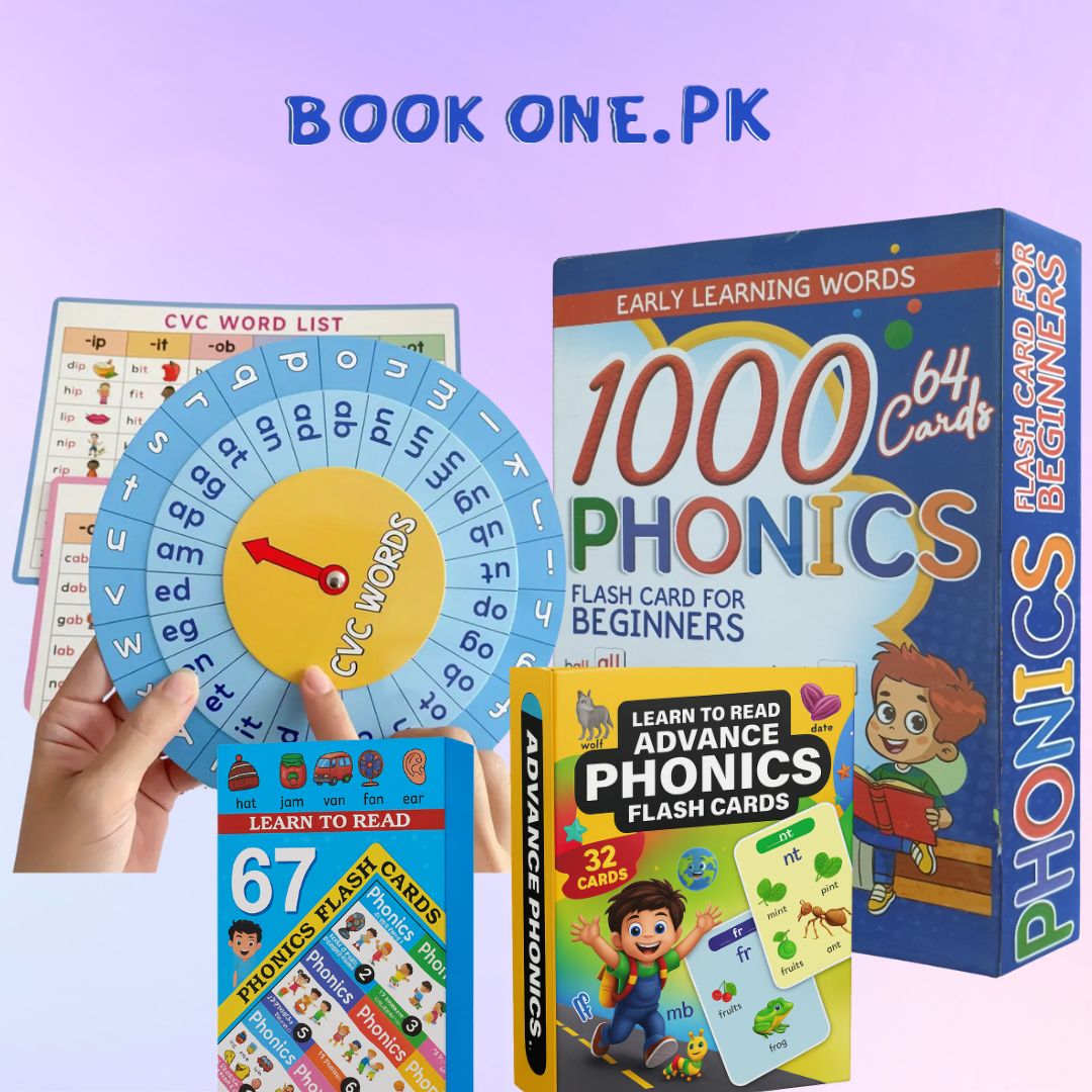 4-in-1 Phonics Mastery Bundle(1000 Phonics,Read & Master Phonics,Advance Phonics Consonants Flash Cards & Cvc word clock plus Free multiplication clock plus Chart)