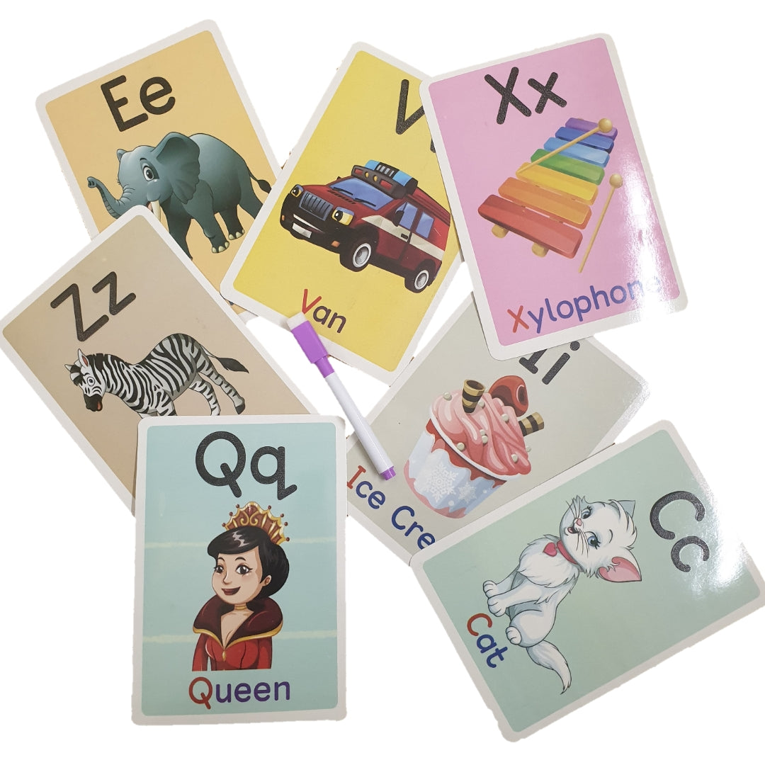 Alphabet English Jumbo Flash Cards (24 cards Capital & Small with free Marker) for Age 3+