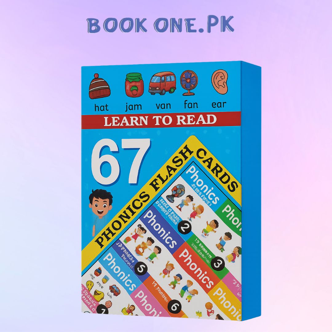 Children's phonics flash cards set with colorful packaging on a gradient background